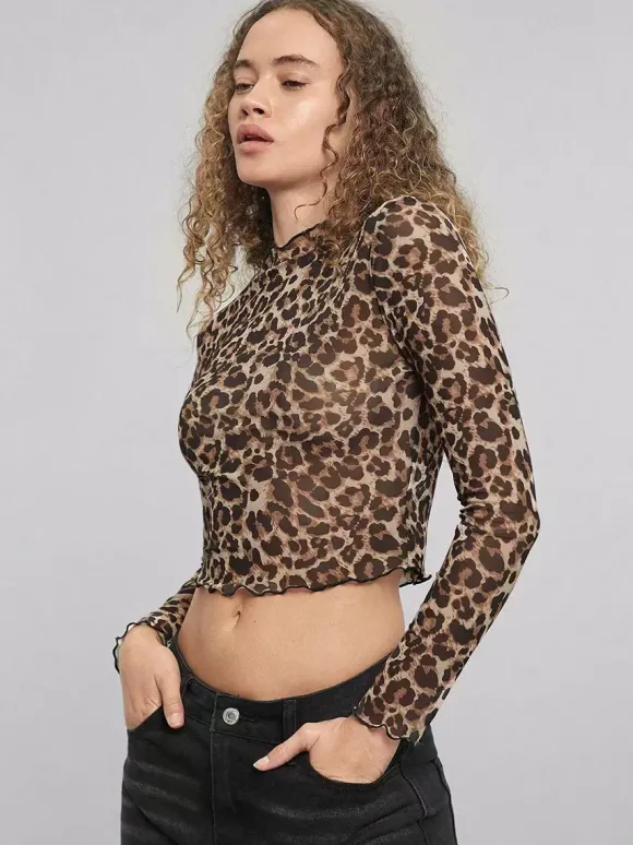 Haut skinny imprimé léopard à col montant et bordure en maille ajourée pour femme 2026