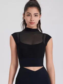 Haut sport femme top abricot Lycra manches courtes col haut vêtements de sport de Tennis