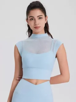Haut sport femme top abricot Lycra manches courtes col haut vêtements de sport de Tennis