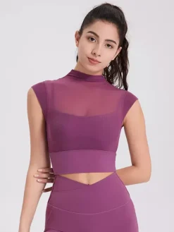 Haut sport femme top abricot Lycra manches courtes col haut vêtements de sport de Tennis