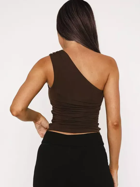 Haut asymétrique marron sexy froncé pour femme débardeur d'été 2026