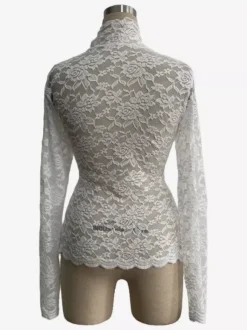 Haut à col montant en dentelle florale manches longues coupe ajustée et transparente pour femme 2026