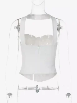 Haut corset en dentelle dos nu à ras du cou et décolleté c艙ur bustier court en maille transparente à baleines