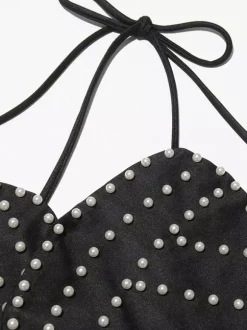 Haut court noir dos nu à fleurs et perles sans manches pour femme