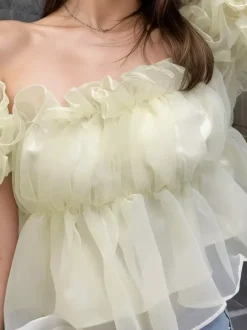 Haut court péplum en organza à épaules dénudées et manches bouffantes blouse féerique pour femme