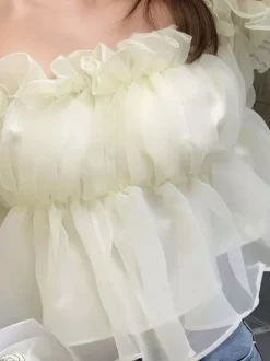 Haut court péplum en organza à épaules dénudées et manches bouffantes blouse féerique pour femme