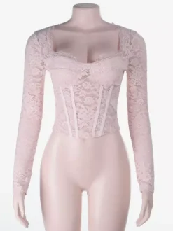 Haut en dentelle rose style corset pour femme - Chemisier bustier élégant à manches longues et décolleté c艙ur - Tenue de soirée printanière 2026