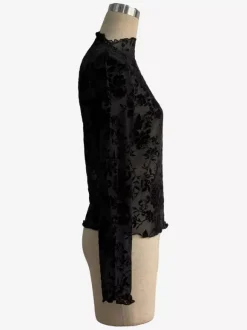 Haut moulant à col montant imprimé floral floqué manches longues transparentes style skinny collection femme 2026