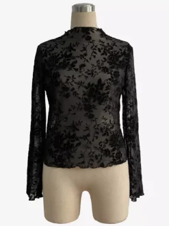 Haut moulant à col montant imprimé floral floqué manches longues transparentes style skinny collection femme 2026