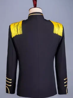 Haut noir vintage style européen en polyester à franges boutons blocs de couleurs manches longues costumes rétro pour homme