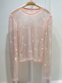 Hauts de soirée sexy à col rond orné de strass manches longues en polyester