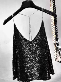 Hauts tendance pour soirées bretelles col à paillettes chaînes sans manches dos nu