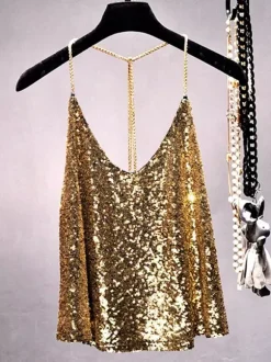 Hauts tendance pour soirées bretelles col à paillettes chaînes sans manches dos nu