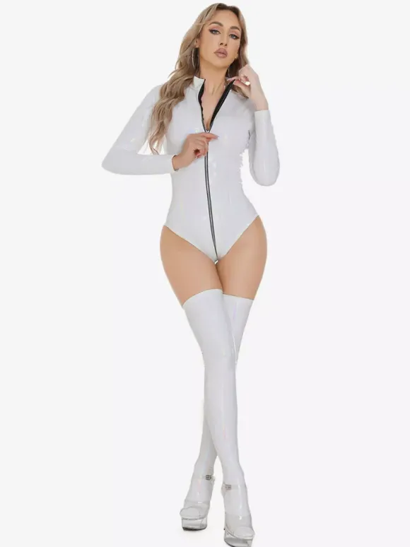 Hauts de clubwear tendance à col montant fermeture éclair manches longues cuir PU