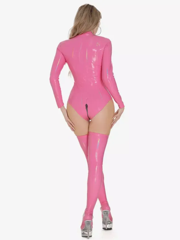 Hauts de clubwear tendance à col montant fermeture éclair manches longues cuir PU