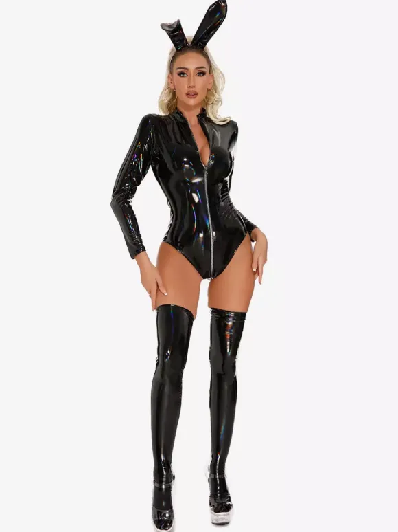 Hauts de clubwear tendance à col montant fermeture éclair manches longues cuir PU