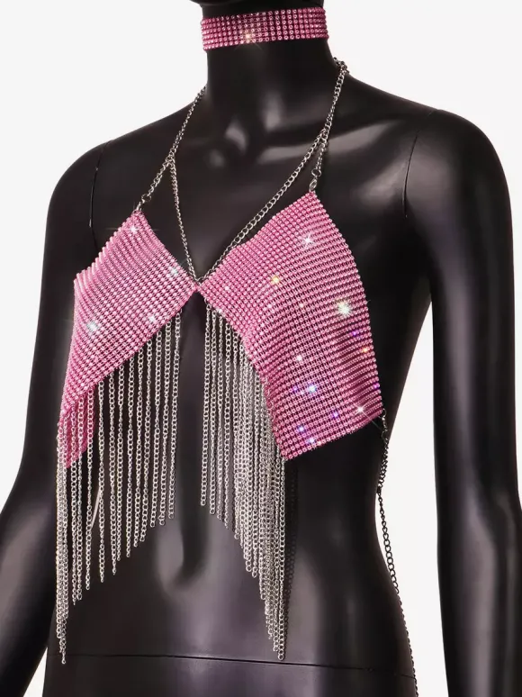 Hauts de soirée à bretelles dos nu chaînes strass et motifs géométriques