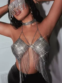 Hauts de soirée à bretelles dos nu chaînes strass et motifs géométriques