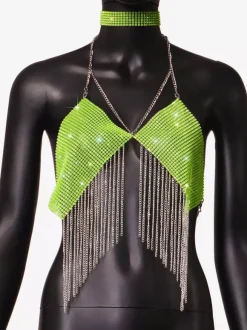 Hauts de soirée à bretelles dos nu chaînes strass et motifs géométriques