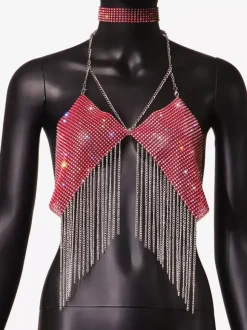 Hauts de soirée à bretelles dos nu chaînes strass et motifs géométriques