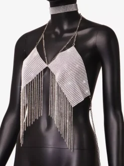 Hauts de soirée à bretelles dos nu chaînes strass et motifs géométriques