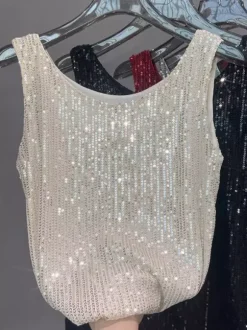 Hauts de soirée sexy à bretelles et sequins au col sans manches