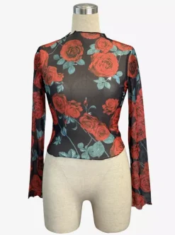 Haut skinny à manches longues en maille imprimé floral rose vintage et bordure en laitue pour femme 2026
