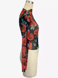 Haut skinny à manches longues en maille imprimé floral rose vintage et bordure en laitue pour femme 2026