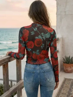 Haut skinny à manches longues en maille imprimé floral rose vintage et bordure en laitue pour femme 2026