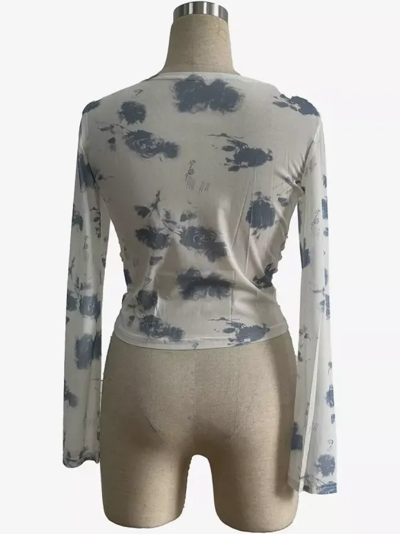 Haut skinny à manches longues imprimé floral fumé et froncé sur les côtés collection 2026