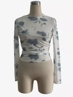 Haut skinny à manches longues imprimé floral fumé et froncé sur les côtés collection 2026