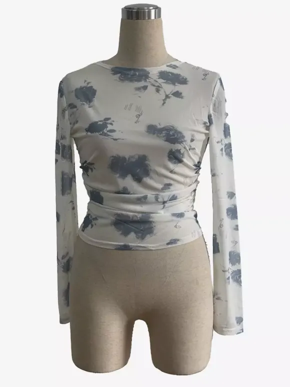 Haut skinny à manches longues imprimé floral fumé et froncé sur les côtés collection 2026