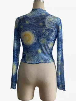 Haut slim en maille à col montant et bordure en laitue imprimé Nuit étoilée pour femme 2026