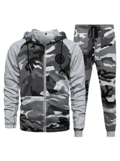 Hommes Activewear Ensemble 2 Pièces Camouflage Manches Longues Capuche Gris Activewear Outfit