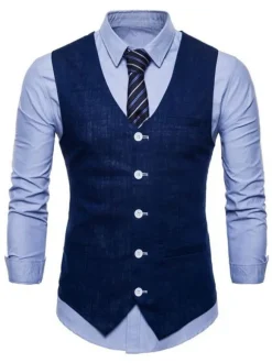 Hommes costume gilet col en V coton poche en lin coupe régulière gilet décontracté