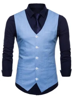 Hommes costume gilet col en V coton poche en lin coupe régulière gilet décontracté