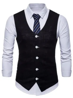 Hommes costume gilet col en V coton poche en lin coupe régulière gilet décontracté