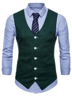 Hommes costume gilet col en V coton poche en lin coupe régulière gilet décontracté