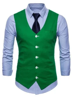 Hommes costume gilet col en V coton poche en lin coupe régulière gilet décontracté