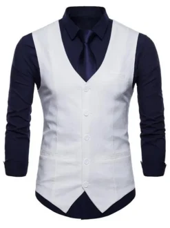 Hommes costume gilet col en V coton poche en lin coupe régulière gilet décontracté