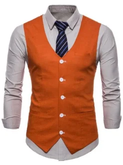 Hommes costume gilet col en V coton poche en lin coupe régulière gilet décontracté