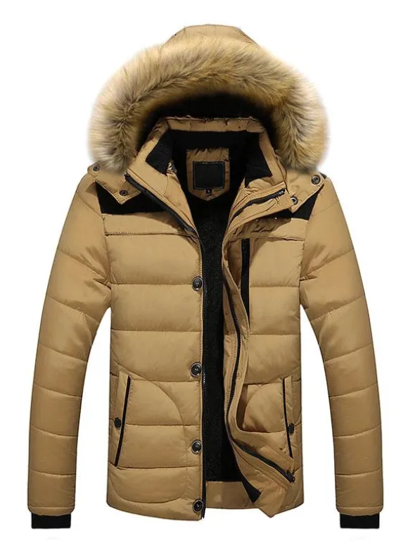 Hommes Vestes Casual Daily Casual Stand Collier À Manches Longues manches à fourrure à capuchon Kaki Puffer