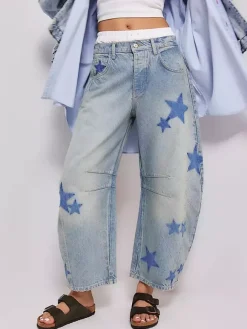 Jean ample à imprimé étoiles pour femme - Délavage clair style bohème - Pantalon en denim baggy à motif fer à cheval - Festival de musique de printemps 2026