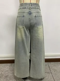 Jean baggy taille haute pour femme - Pantalon en denim délavé bleu clair effet usé jambes larges - Festival de musique de printemps 2026