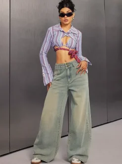 Jean baggy taille haute pour femme - Pantalon en denim délavé bleu clair effet usé jambes larges - Festival de musique de printemps 2026