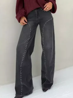 Jean droit clouté pour femme - Délavage moyen détail rivets rétro jambes larges - Mode printemps-été 2026