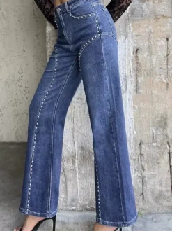 Jean droit clouté pour femme - Délavage moyen détail rivets rétro jambes larges - Mode printemps-été 2026