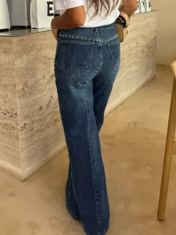 Jean droit clouté pour femme - Délavage moyen détail rivets rétro jambes larges - Mode printemps-été 2026