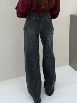 Jean droit clouté pour femme - Délavage moyen détail rivets rétro jambes larges - Mode printemps-été 2026