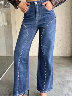 Jean droit clouté pour femme - Délavage moyen détail rivets rétro jambes larges - Mode printemps-été 2026